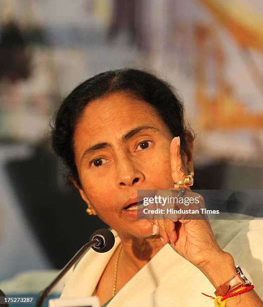 West Bengal Chief Minister Mamata Banerjee during a press conference after the investors summit at World Trade Centre on August 1, 2013 in Mumbai,...