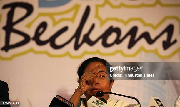 West Bengal Chief Minister Mamata Banerjee during a press conference after the investors summit at World Trade Centre on August 1, 2013 in Mumbai,...