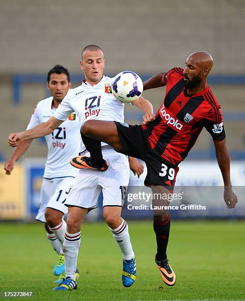 Nicolas Anelka of West Bromwich Albion battles with Antonelli Luca of Genoa during a Pre Season Friendly between West Bromwich Albion and Genoa at...