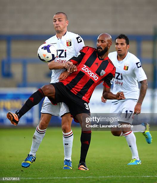 Nicolas Anelka of West Bromwich Albion battles with Antonelli Luca of Genoa during a Pre Season Friendly between West Bromwich Albion and Genoa at...