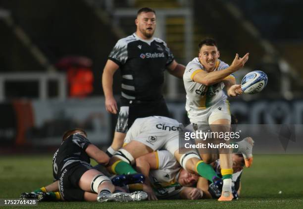 Northampton Saints's Tom James; passes the ball during the Gallagher Premiership match between Newcastle Falcons and Northampton Saints at Kingston...