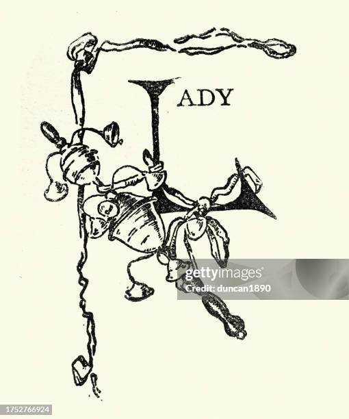 vintage illustration of capital letter l, lady, victorian design element, 19th century - victorian font stock illustrations