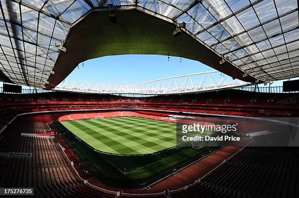 General view of Emirates Stadium after Arsenal's head groundsman Paul Ashcroft put out the goals for first time ahead of the new season at Emirates...
