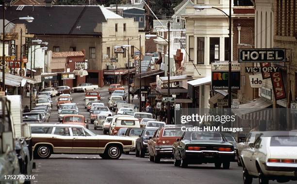 Traffic in downtown Sonora, California in the early 1970s ca. 1972.