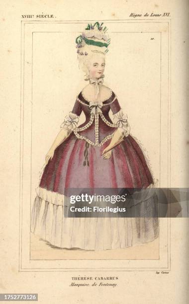 Therese Cabarrus, Marquise de Fontenay, salonist and social figure, 1773-1835. Costume of 1798. Handcoloured lithograph after a portrait in Roger de...