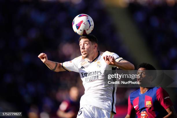 Federico Valverde central midfield of Real Madrid and Uruguay controls the ball during the LaLiga EA Sports match between FC Barcelona and Real...