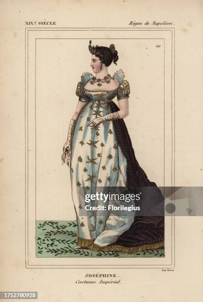 Empress Josephine, ceremonial robes, 1763-1814. White satin dress with short sleeves with a velvet manteau de cour. Handcoloured lithograph from Le...