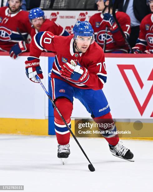 Tanner Pearson of the Montreal Canadiens skates during the first period against the Washington Capitals at the Bell Centre on October 21, 2023 in...