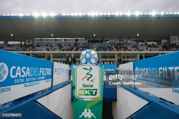 Official ball and logo of the Italian Serie B soccer championship exposed at Mario Rigamonti Stadium between Brescia Calcio and SSC Bari at Mario...