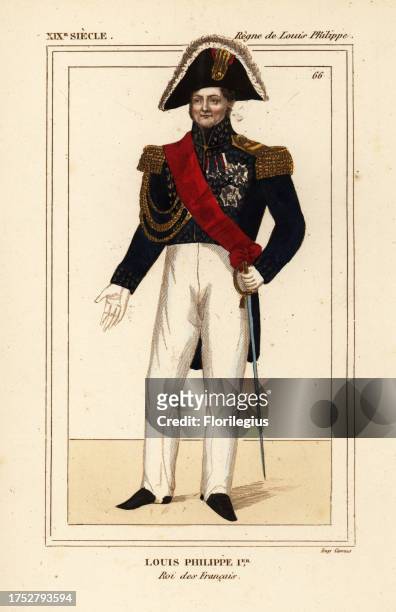 King Louis Philippe I of France 1773-1850. In the uniform of a colonel in the Garde Nationale with grand-cordon bleu sash. Handcoloured lithograph...