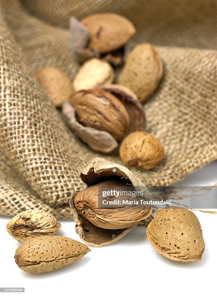 Almonds in a burlap sack