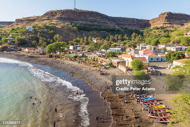 bay, beach & cidade velha village, santiago island - cabo verde stock-fotos und bilder