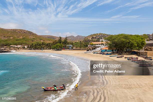 fishing boat on beach, tarrafal, santiago island - cabo verde fotografías e imágenes de stock