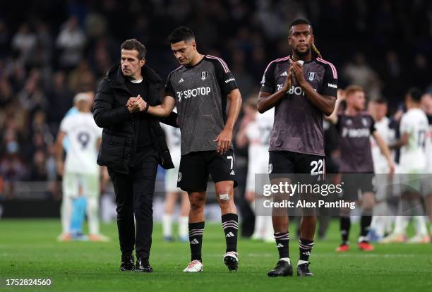 Raul Jimenez of Fulham shakes hands with Marco Silva, Manager of Fulham, after the team's defeat in the Premier League match between Tottenham...