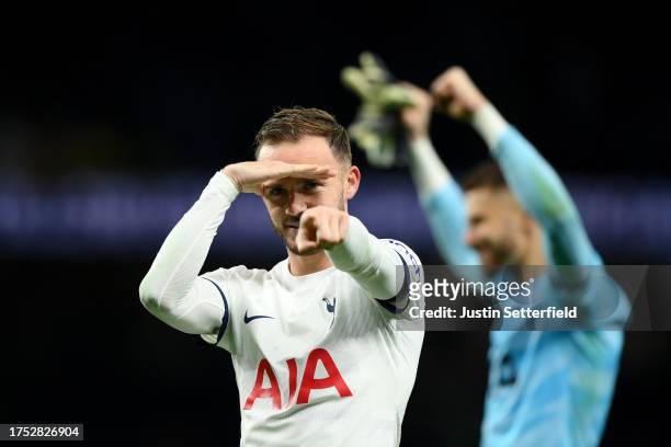 James Maddison of Tottenham Hotspur reacts after the team's victory in the Premier League match between Tottenham Hotspur and Fulham FC at Tottenham...