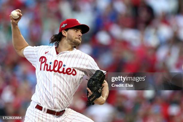 Aaron Nola of the Philadelphia Phillies pitches in the first inning against the Arizona Diamondbacks during Game Six of the Championship Series at...