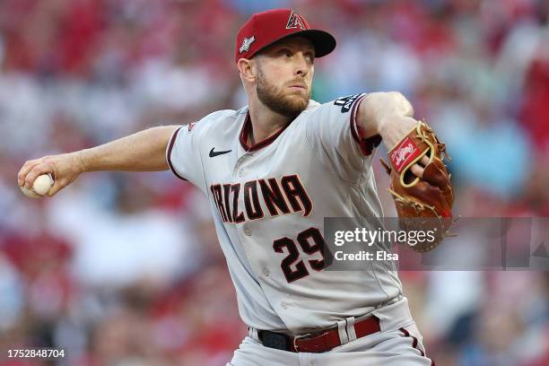 Merrill Kelly of the Arizona Diamondbacks pitches in the bottom of the first inning against the Philadelphia Phillies during Game Six of the...