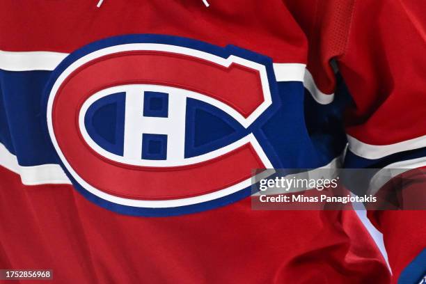 Detailed view of the Montreal Canadiens logo during the second period against the Washington Capitals at the Bell Centre on October 21, 2023 in...