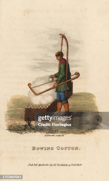 Chinese man bowing cotton to remove husks, Qing Dynasty. He uses a bamboo frame to bow the cotton to remove dirt from the cotton down. Handcoloured...