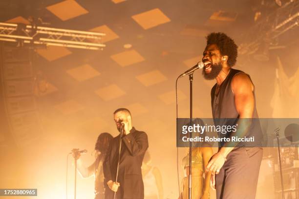 Kayus Bankole, Graham 'G' Hastings and Alloysious Massaquoi of Young Fathers perform at The Barrowland Ballroom on October 23, 2023 in Glasgow,...