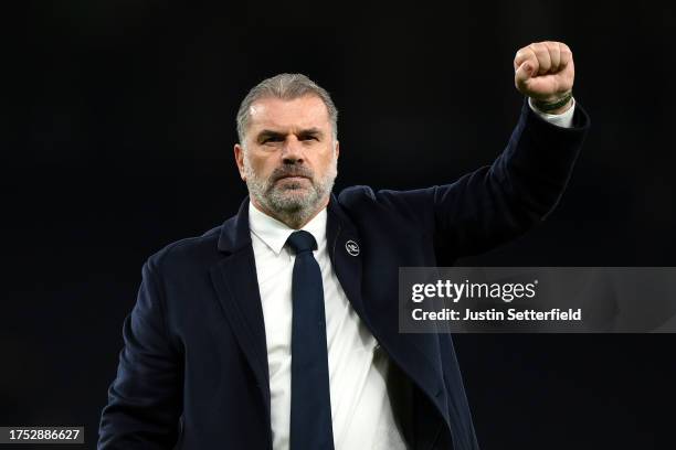 Ange Postecoglou, Manager of Tottenham Hotspur reacts after the team's victory in the Premier League match between Tottenham Hotspur and Fulham FC at...