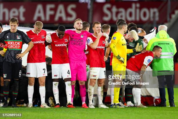 Bas Dost of NEC Nijmegen injured during the Dutch Eredivisie match between AZ Alkmaar and NEC Nijmegen at AFAS Stadion on October 29, 2023 in...