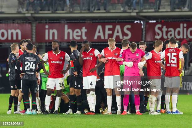 Bas Dost of NEC Nijmegen injured during the Dutch Eredivisie match between AZ Alkmaar and NEC Nijmegen at AFAS Stadion on October 29, 2023 in...