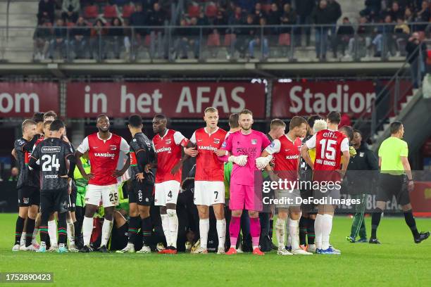 Bas Dost of NEC Nijmegen injured during the Dutch Eredivisie match between AZ Alkmaar and NEC Nijmegen at AFAS Stadion on October 29, 2023 in...