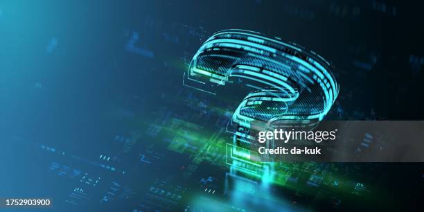 hai domande? ho le risposte. ologramma digitale della domanda sullo sfondo tecnologico futuro. futuristica domanda icona nel mondo del progresso tecnologico e dell'innovazione. rendering 3d cgi - punto interrogativo foto e immagini stock
