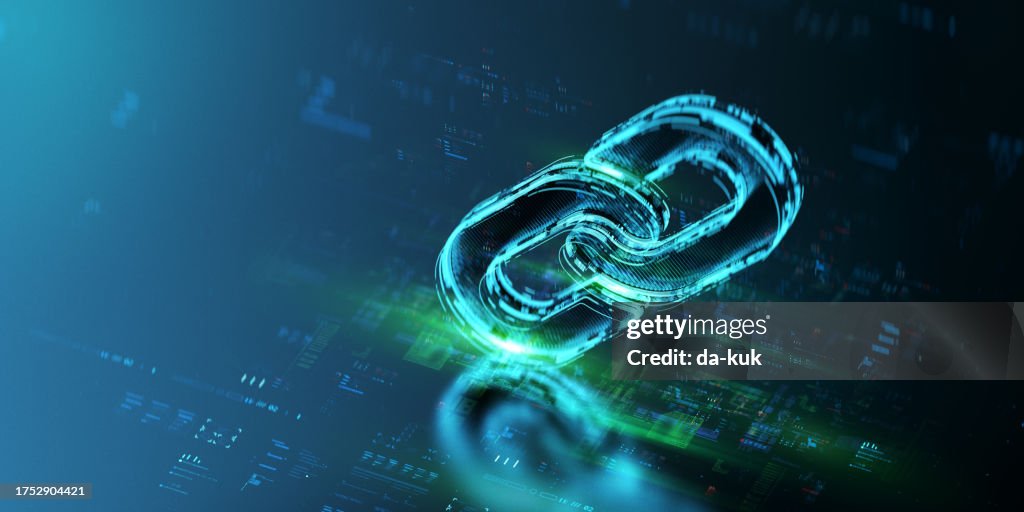 Hologramme de maillon de chaîne numérique sur fond de technologie future. Évolution de la productivité. Icône de chaîne futuriste dans le monde du progrès technologique et de l’innovation. Rendu 3D CGI
