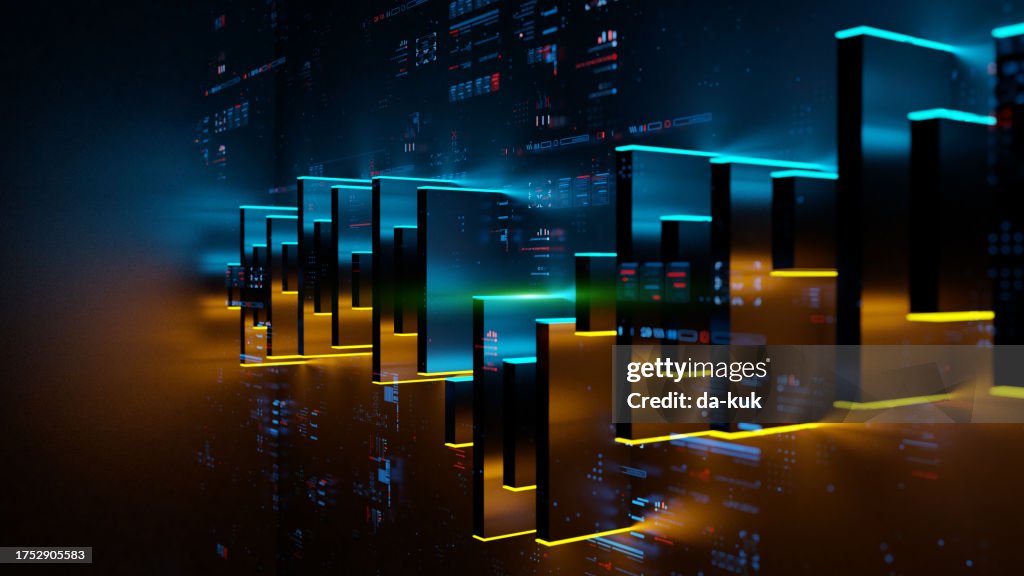 Abstract trading chart with big data and infographics. 3D Fintech concept background with glowing candle chart