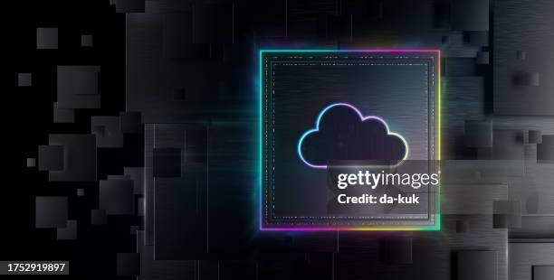 cloud solutions and technologies background. transforming industries and customer service. a look into the future. futuristic cloud icon and cpu on stainless steel background. cgi 3d render - cloud security stock pictures, royalty-free photos & images