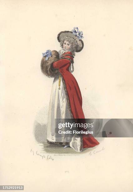 Woman in bonnet, long crimson coat over white petticoats, with both hands in a huge fur muff. Era of Marie Antoinette. Handcolored engraving by Ap....