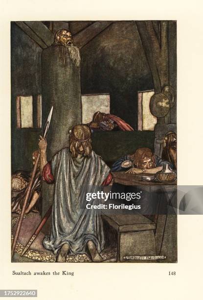 Sualtach, father of Cuchulain, awakes the King. Chromolithograph after an illustration by Stephen Reid from Eleanor Hull's Cuchulain The Hound of...