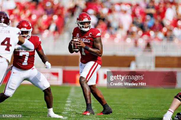 Jefferson of the Arkansas Razorbacks drops back to pass during the game against the Mississippi State Bulldogs at Donald W. Reynolds Razorback...