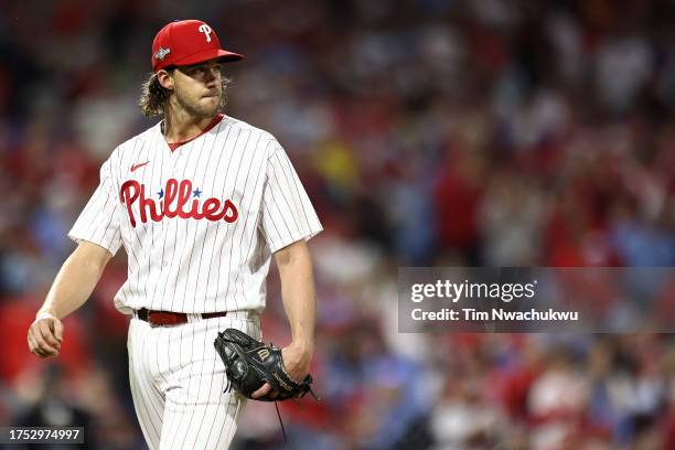 Aaron Nola of the Philadelphia Phillies exits the game in the fifth inning against the Arizona Diamondbacks during Game Six of the Championship...