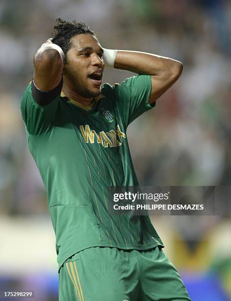 Saint-Etienne's Brazilian forward Brandao reacts after missing a shot at the goal during the UEFA Europa League preliminary football match...