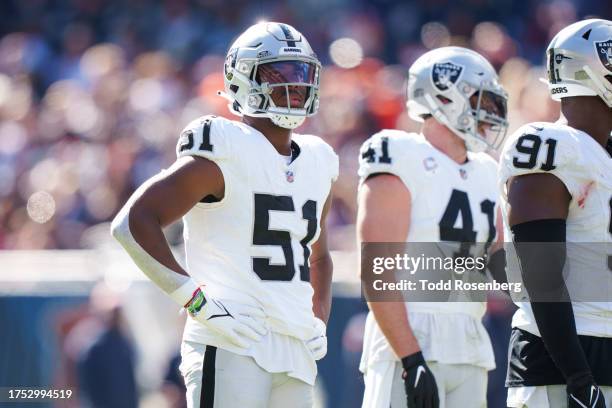 Defensive end Malcolm Koonce the Las Vegas Raiders looks up during an NFL football game against the Chicago Bears at Soldier Field on October 22,...