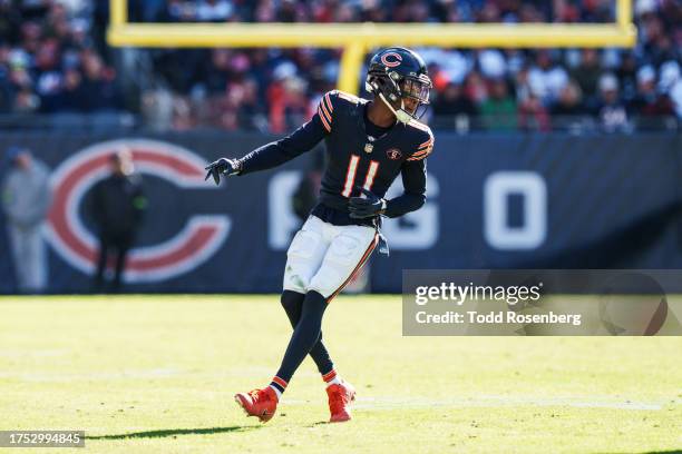 Wide receiver Darnell Mooney of the Chicago Bears sets up for a snap during an NFL football game against the Las Vegas Raiders at Soldier Field on...