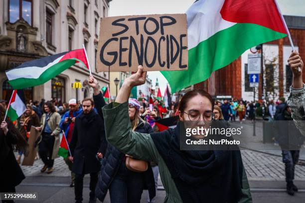 Members of Palestinian diaspora and supporters hold flags and banners during solidarity with Palestine demonstration in Krakow, Poland on October 28,...