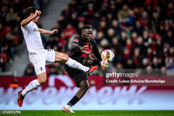 Victor Boniface of Leverkusen in action during the Bundesliga match between Bayer 04 Leverkusen and Sport-Club Freiburg at BayArena on October 29,...