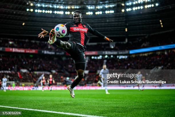 Victor Boniface of Leverkusen in action during the Bundesliga match between Bayer 04 Leverkusen and Sport-Club Freiburg at BayArena on October 29,...