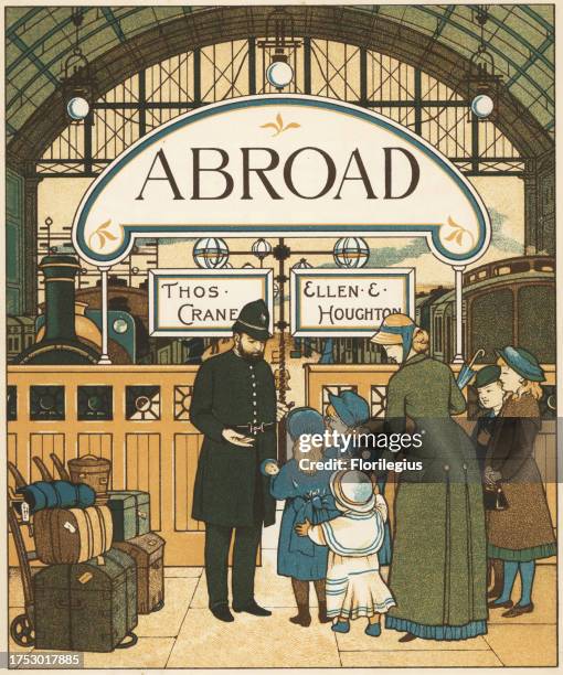 Title page showing a Victorian family at Charing Cross station before a journey abroad. Colour woodblock after an illustration by Thomas Crane and...