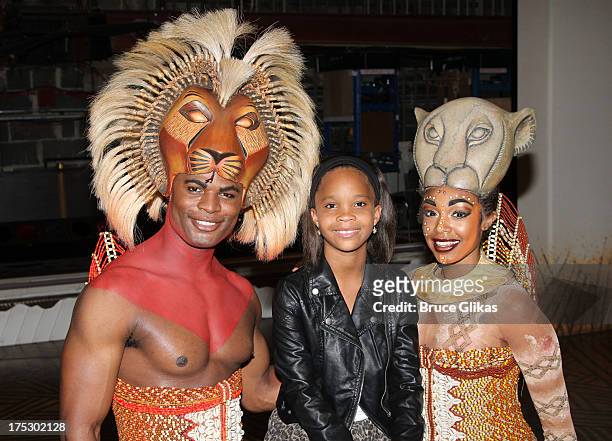Andile Gumbi as "Simba", Quvenzhane Wallis and Chantel Riley as "Nala" pose backstage at the hit musical "The Lion King" on Broadway at The Minskoff...