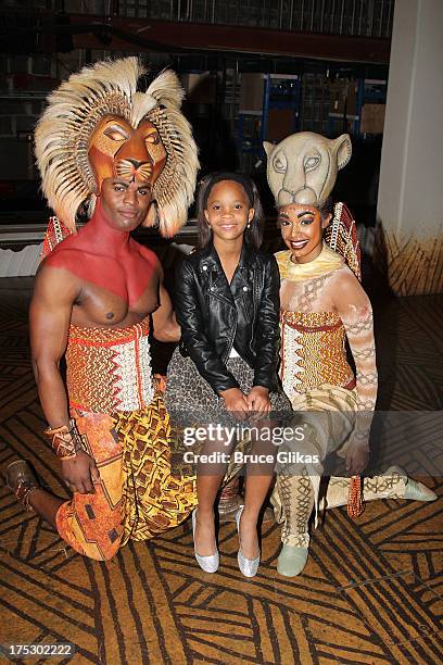 Andile Gumbi as "Simba", Quvenzhané Wallis and Chantel Riley as "Nala" pose backstage at the hit musical "The Lion King" on Broadway at The Minskoff...