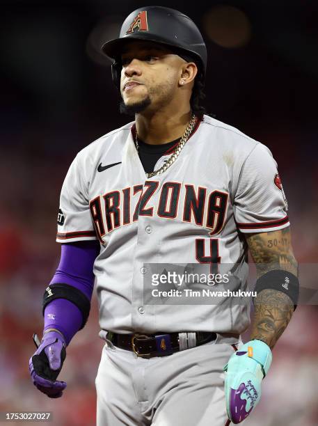 Ketel Marte of the Arizona Diamondbacks reacts after hitting a RBI single in the seventh inning against the Philadelphia Phillies during Game Six of...