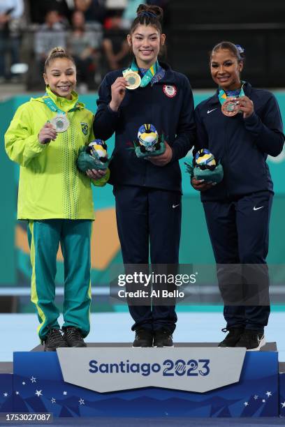 Silver medalist Flavia Saraiva of Brazil, gold medalist Kayla Dicello of Team United States and bronze medalist Jordan Chiles of Team United States...