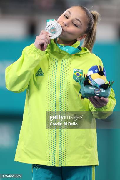 Silver medalist Flavia Saraiva of Brazil stands in the podium for Gymnastics - Women's All-Around at Parque Deportivo Estadio Nacional on Day 3 of...