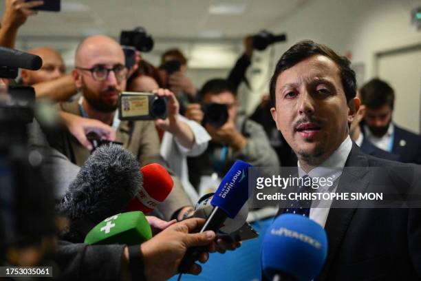 Marseille's Spanish President Pablo Longoria addresses media after the Lyon's travelling team bus was attacked with stones ahead of the French L1...