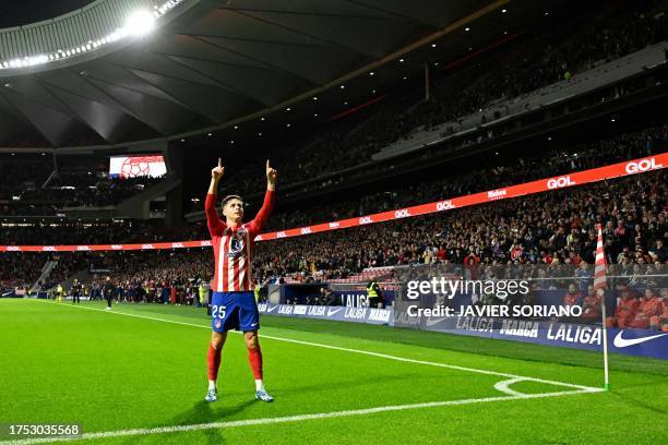 Atletico Madrid's Spanish midfielder Rodrigo Riquelme celebrates scoring the opening goal during the Spanish league football match between Club...